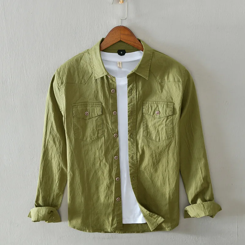 Мужская хлопковая рубашка с длинным рукавом двумя карманами |