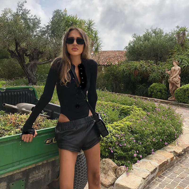 Casual Sexy Button Up Bodysuit Long Sleeve Jumpsuits for Women Stretch Body Solid Bodycon Bodysuits 2019 Autumn Winter | Женская одежда