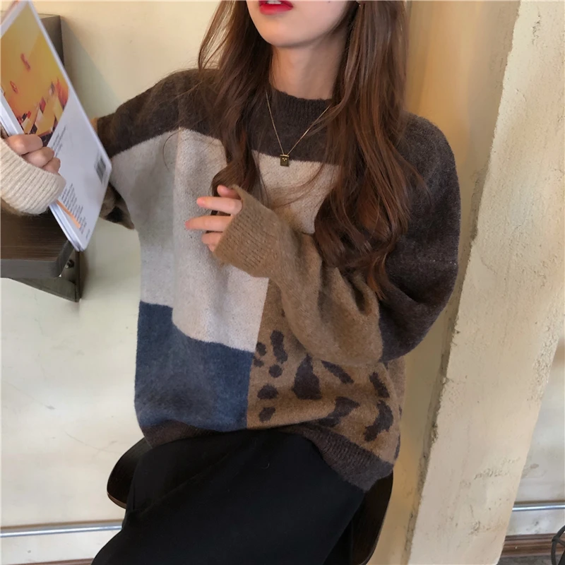 

2021 Women Vintage Leopard Pullover and Sweaters Winter Patchwork Brown Knit Jumpers Loose Style Korean Slim Pull Jumpers
