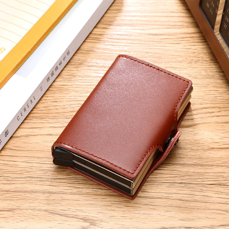 

Automatic Vintage Men's Genuine Leather Credit Card Holder Retro Double Aluminum Male Business ID Cardholder Mini Wallet for Men