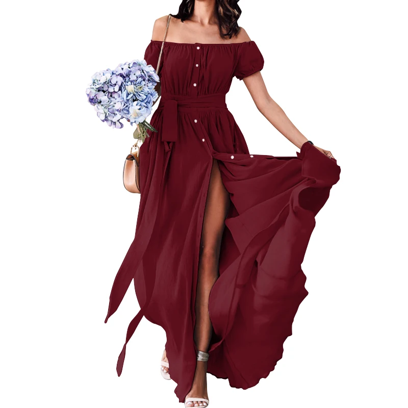 Wine Red Богемное платье, летнее женское длинное платье макси с рюшами, Сексуальные вечерние платья с открытыми плечами и пуговицами, vestidos mujer размера плюс, сарафан - Цвет: Wine Red