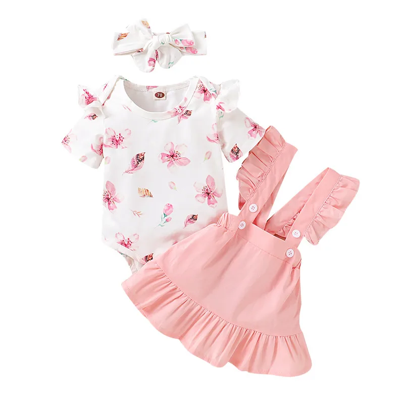 

pudcoco Baby Outfits Cute Flowers fly sleeve Romper tops+Ruffle Straps Skirts+Headbands 3PCS Newborn Infant Girls Clothing 0-18M