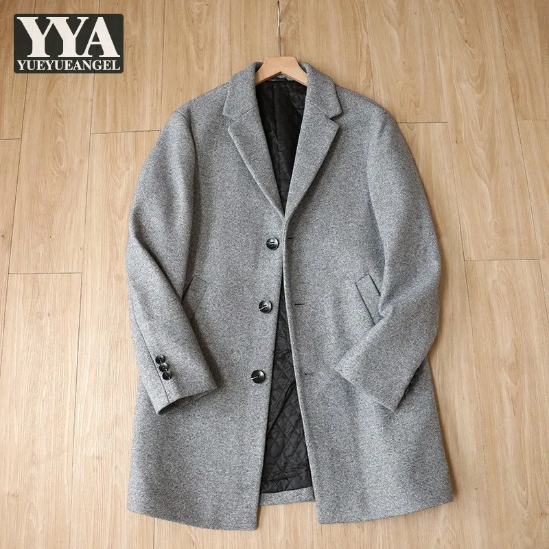 

Men Winter Thick Warm Padded Lining Long Coat Business Man Work Single Breasted Cargo Jacket Mid Woolen Blends Slim Fit Overcoat