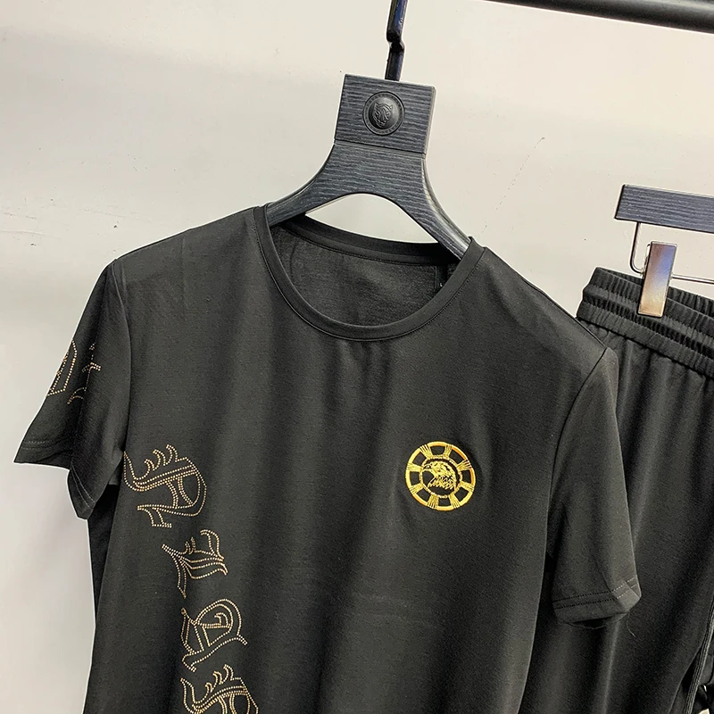 

Spirit boy suit men's 2021 summer new fashion brand short sleeve T-shirt two piece set of personalized Eagle embroidery men's su