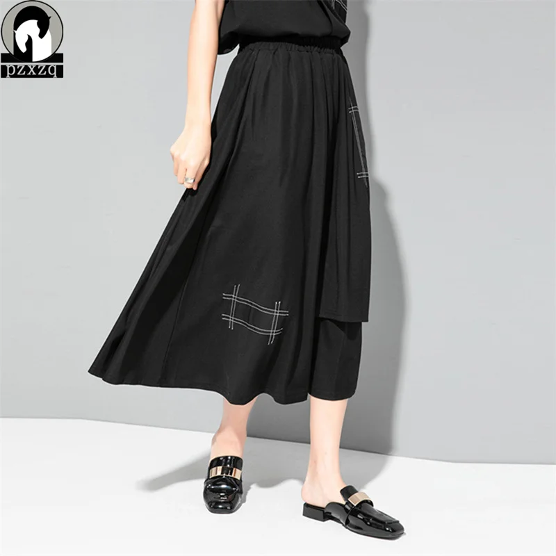 

Geometric design Printing Summer Elastic Waist Skirt Women Loose A type Mid-length Skirt Female Temperament Casual Irregular