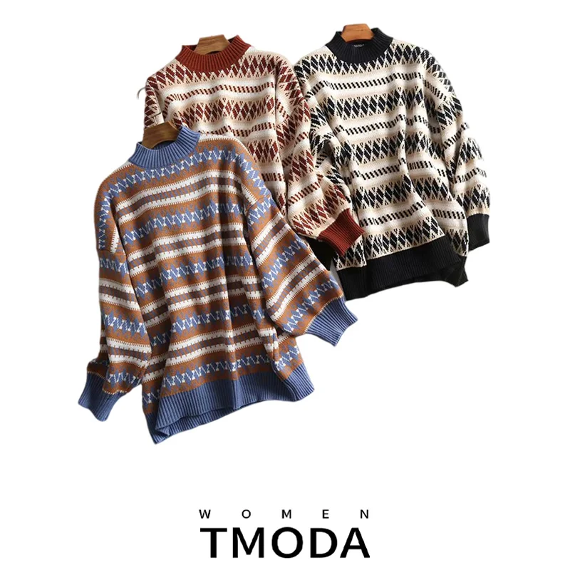 TMODA Za 2021 Women Diamond Lattice Knitted Sweater Fashion O Neck Sweatershirt Black Blue Coffee Pullover and Knitwear | Женская одежда