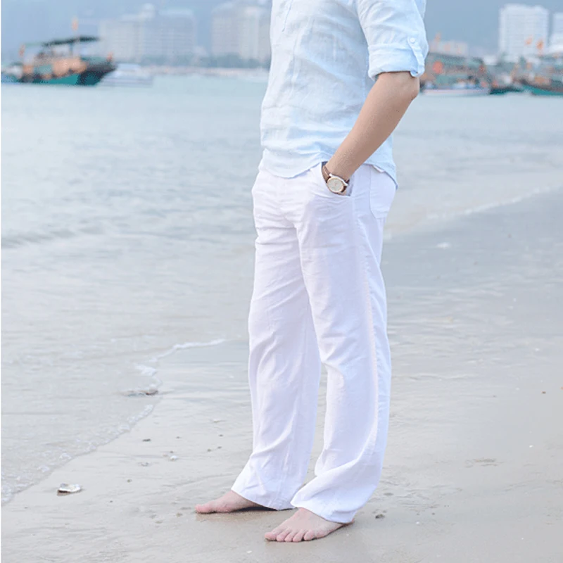 

Men Cotton Linen Wed Leg Trousers Summer Casual Comfortable Thai Fisherman Loose Long Pants White Black Solid Autumn Plus Size