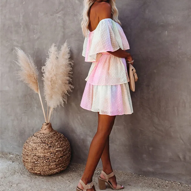 

2020 Summer Sexy Women Dress Casual Patchwork Slash Neck Backless Ruffles Women Mini Dress