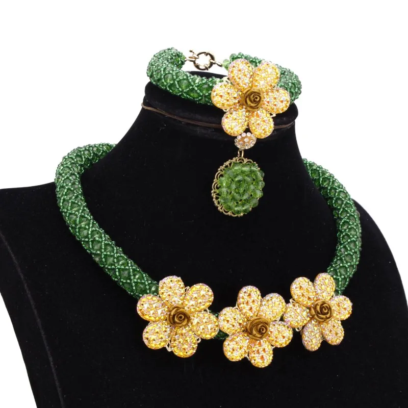 Dudo African Bridal Jewelry Set Crystal Green Necklace Earrings Bracelet Set With Gold Beaded Flowers 2019 Jewellery Set New
