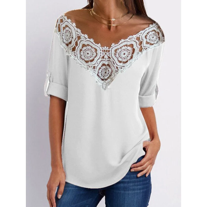 

V Neck Lace Patchwork Half Sleeve Shirt Women Summer Sexy Casual Hollow Out Solid T Shirt Plus Size Elegant Fashion Pullover Top