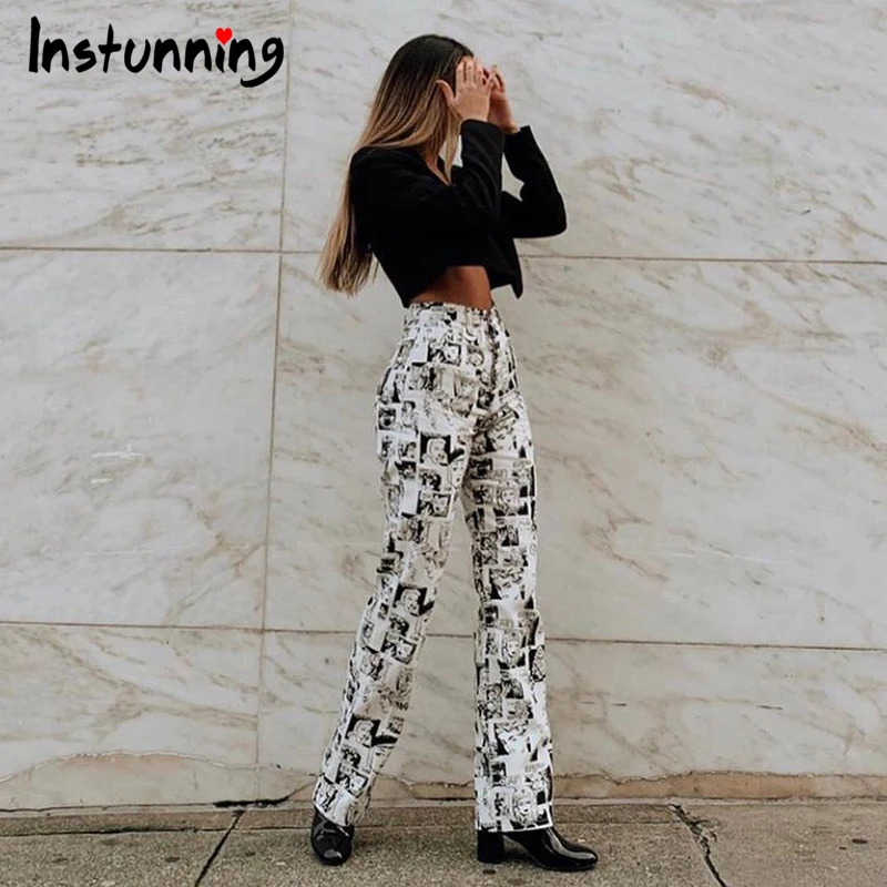 

Instunning Women's Pants Casual Print Hight Waist Straight Pants Women New Loose Elegant Trousers Autumn 2020 Fashion Streetwear