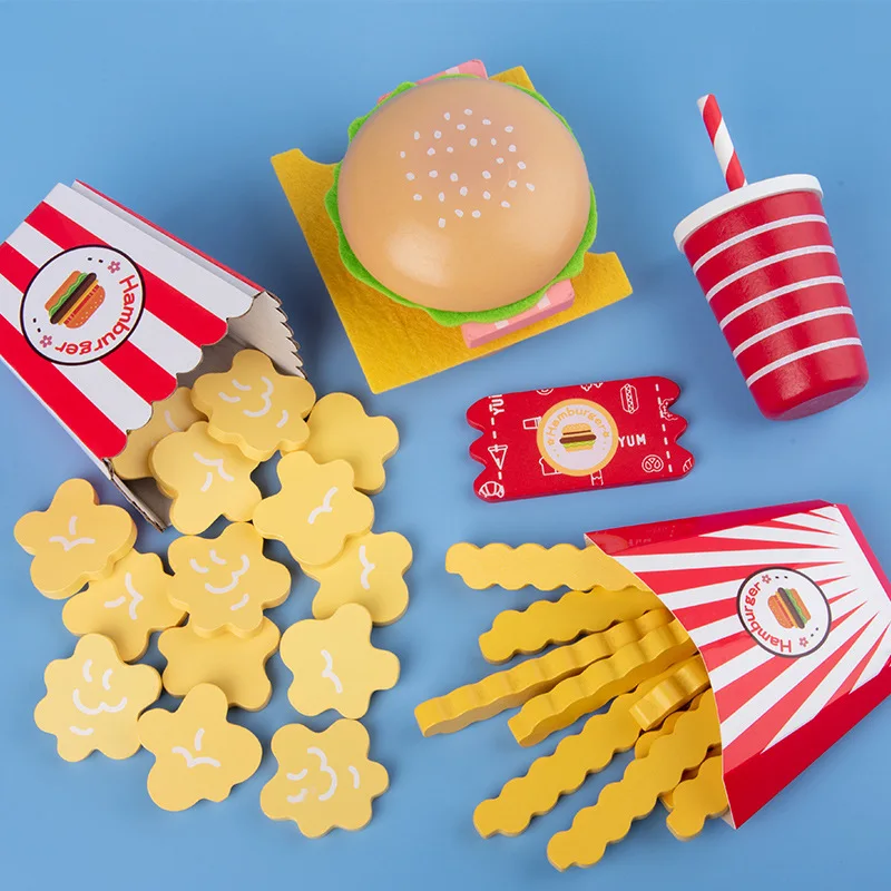 

Baby toy Kids Kitchen Pretend Play toys Simulation Wooden Hamburger Fries Fast Food model Set Burger Set House toys for Children