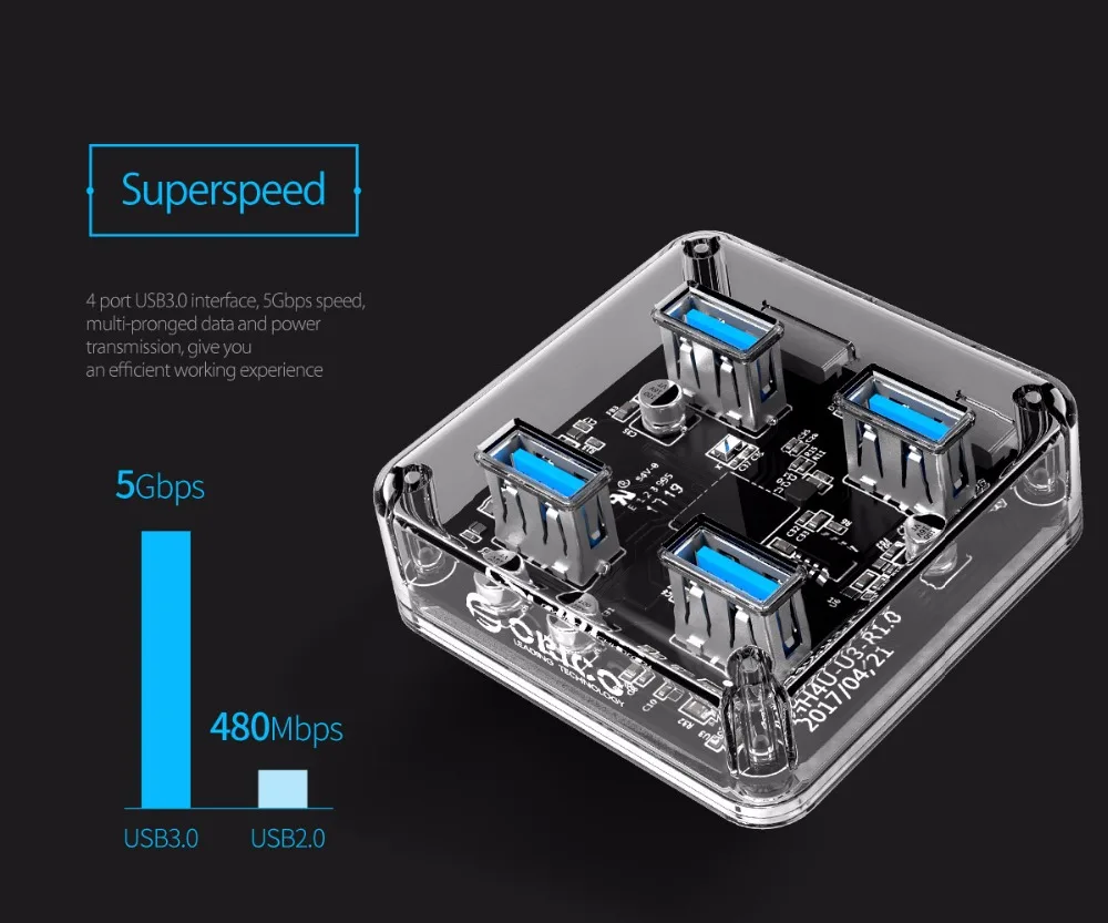 ORICO, 4 порта, USB 3,0, прозрачный Настольный концентратор, адаптер, высокоскоростной USB разветвитель, поддержка OTG с интерфейсом питания Micro USB