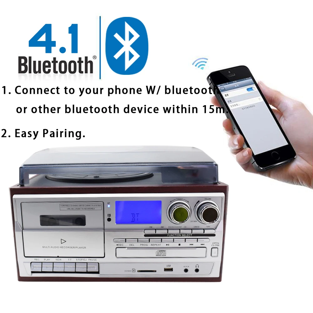 

3 Speed Bluetooth Vinyl Record Player Vintage Turntable CD&Cassette Player AM/FM Radio USB Recorder Aux-in RCA Line-out