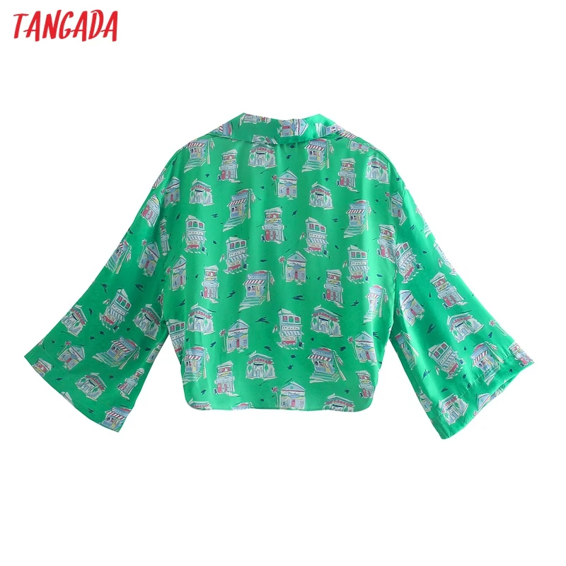 

Tangada Women Retro Green Print Chiffon Shirt Bow Crop Blouse Long Sleeve Chic Female Tops 5Z156