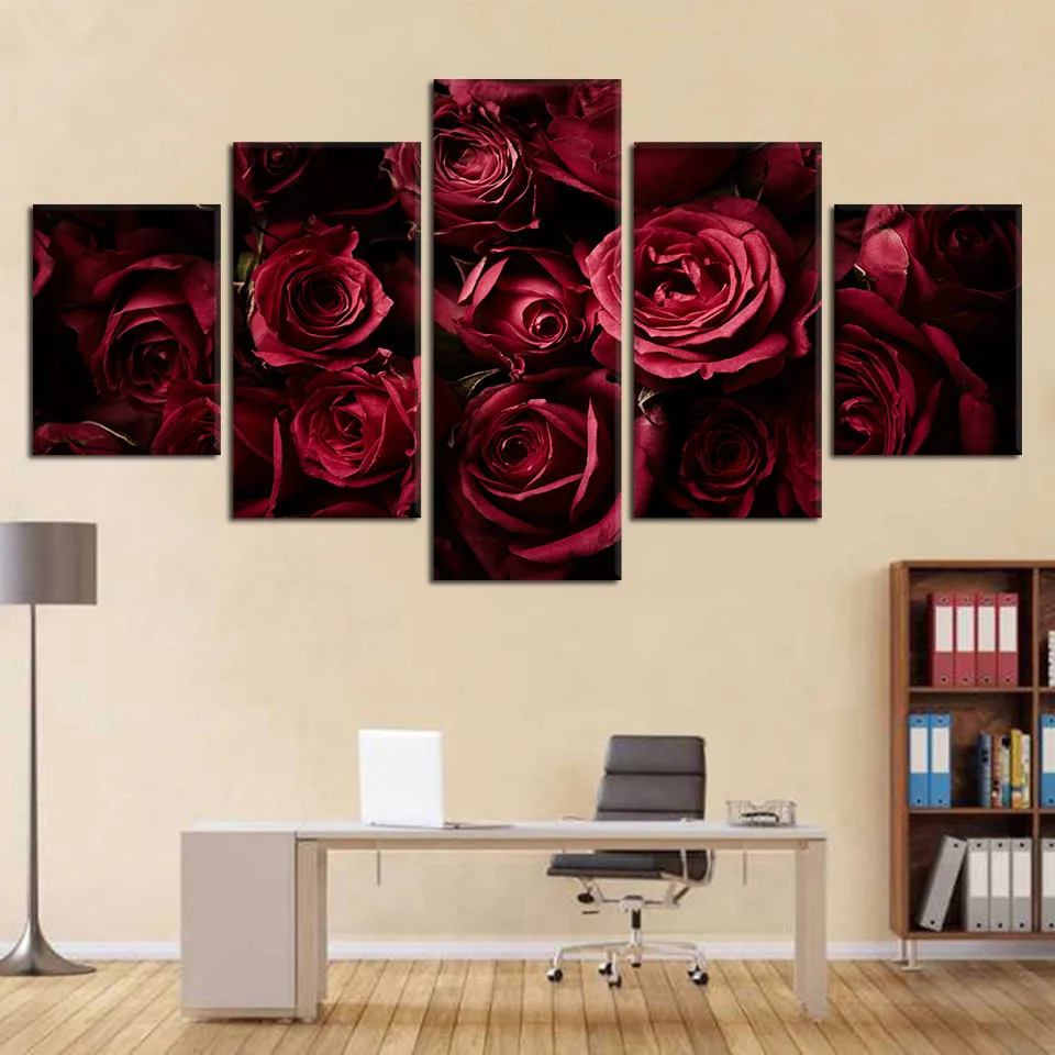

5 Pieces Red Rose Flowers Canvas Painting Modern Wall Art Poster HD Prints Pictures Frame Home Decoration Unframed