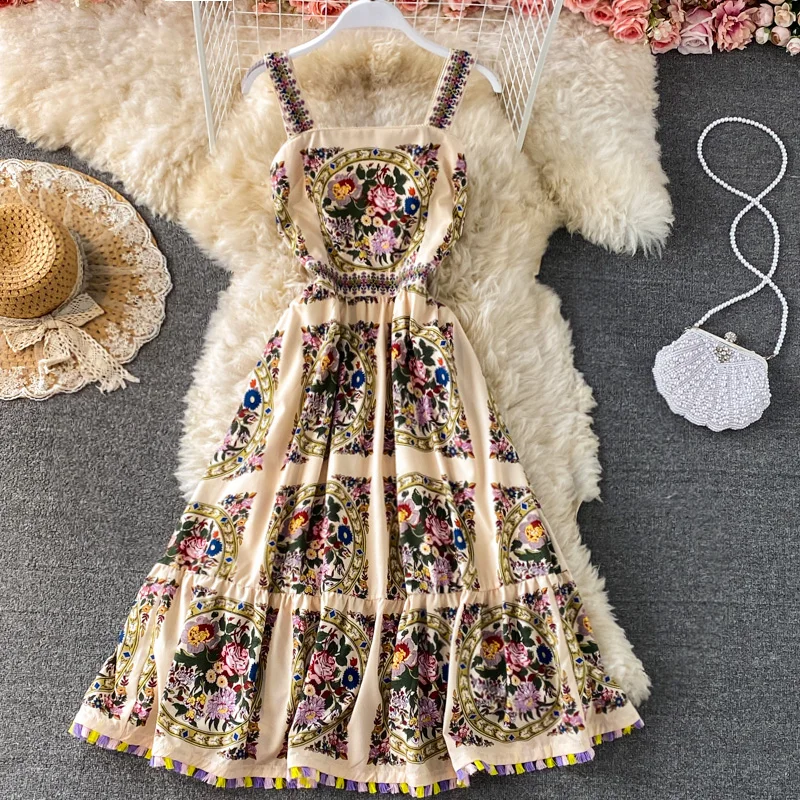 

Amolapha женское летнее новое ретро платье с кисточками на бретельках с принтом вечернее платье модное базовое платье