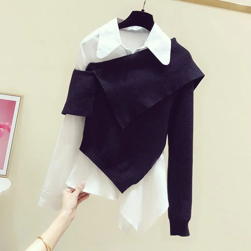 

Женская Асимметричная облегающая блузка с отложным воротником и длинным рукавом, новинка 2020, осенне-зимняя одежда для женщин, черно-белый в...