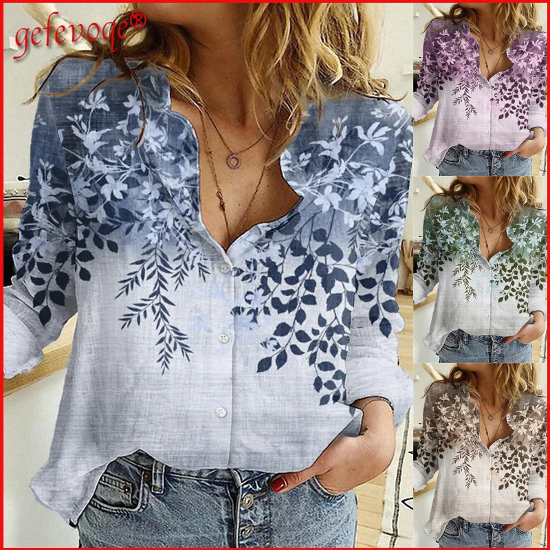 

Office Ladies Blouses Turn Down Collar Long Sleeve Blouse Women's Casual Tops Elegant Print Button Up Shirt Autumn Clothing 2021