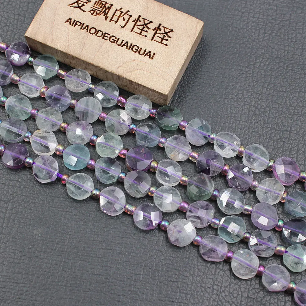 

APDGG Natural 8MM Multi color Purple Green Fluorite Faceted Coin Loose Beads 15.5" Strand For Necklace Jewelry Making DIY