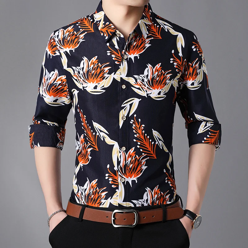 

Men Long Sleeve floral Printed Hawaiian vacation casual Shirt fashion Party Holiday Slim fit male Shirts Camisa Hombre 7XL