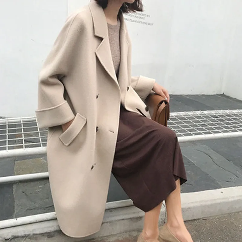 Elegant Beige Women Woolen Coat Autumn Winter Double-Faced Cashmere Outerwear OL Style Fashion Single Breasted Loose Overcoat | Женская