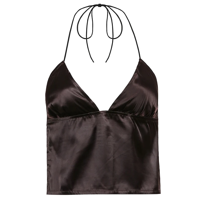 

Brown Stain Y2K Summer Halter Top Sexy Backless Tie Up Fashion 2021New Hit Trend Deep V Neck Sleeveless Crop Cami Party Club