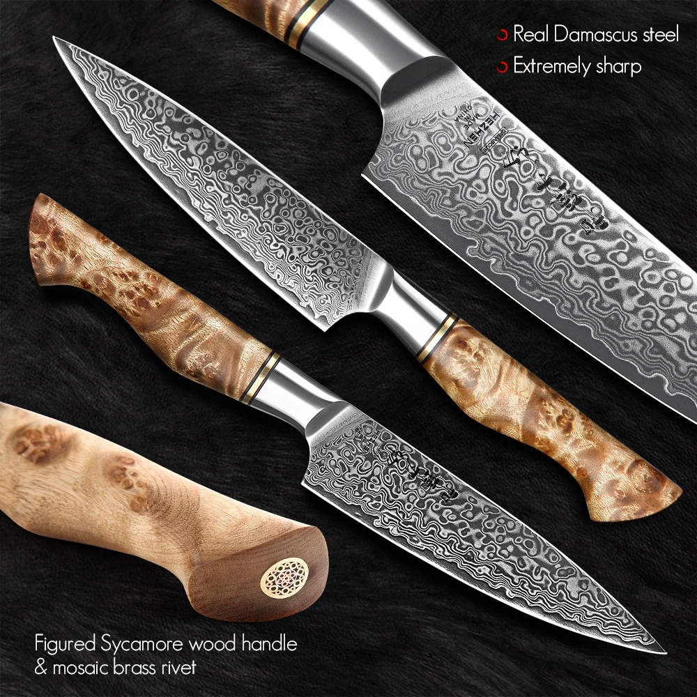 HEZHEN-Juego de cuchillos de cocina profesional, de acero Super Damasco, Santoku, afilado, con soporte magn&eacute;tico, 5 a 6 piezas-2
