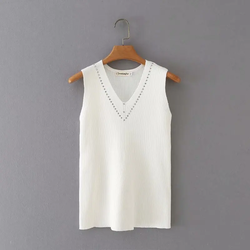 

Plus size v-neck knitted diamonds women tshirts 2021 new summer casual white ladies sleeveless t shirts female tops t-shirts
