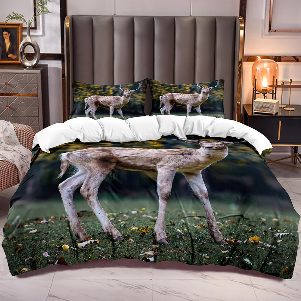 

3D Elk Print Duvet Cover with Zipper Closure Animal Deer Theme Comforter Cover Sets Inside Corner Ties Bedding Quilt Cover Sets