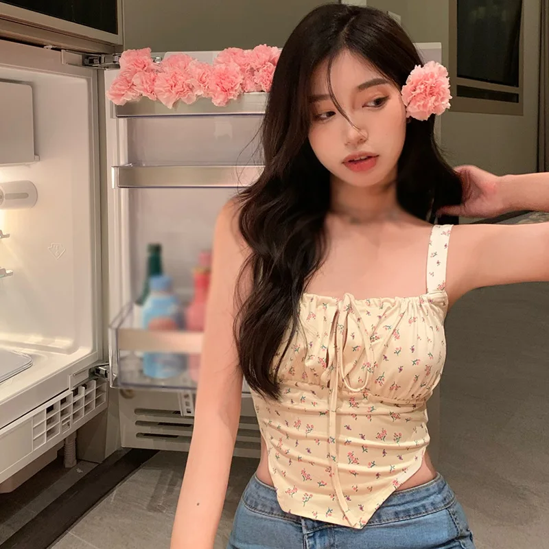 

Майка женская с цветочным принтом, милая шифоновая рубашка без рукавов, на шнуровке, на лето