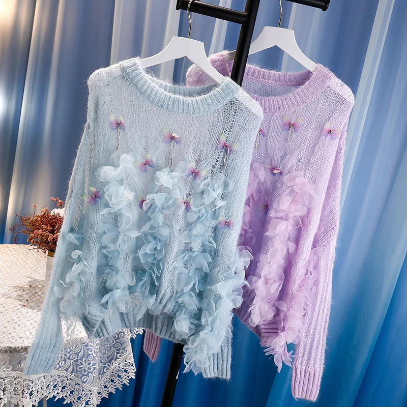

New year 2020 Nail Pearl Flower Sweet little fragrant wind loose knit sweater woman Short Cute Casual Coat Thicked O-Neck