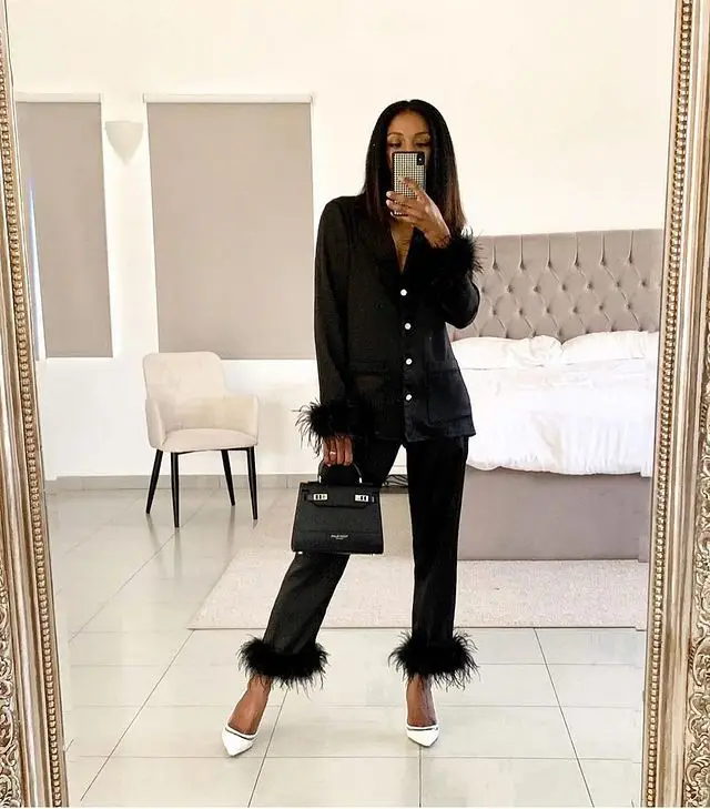 Two Piece Chic Feather Detail Lounge Suits Long Sleeve Button Up Top &ampamp Slim Pants Set Wpmen Casual Wool Pajamas |