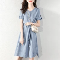 2021 summer new style loose tooling sleeves casual elegant mid length dress women vintage polyester casual a line