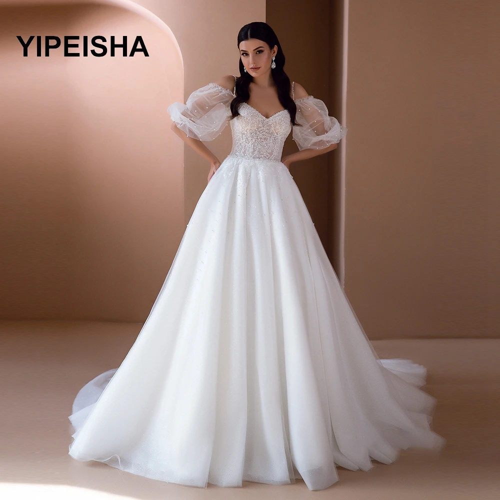 

Boho IIIusion Wedding Dress Puff Sleeve Bridal Gowns Sweetheart Neck Chapel Tarin pearl Vestido de novia
