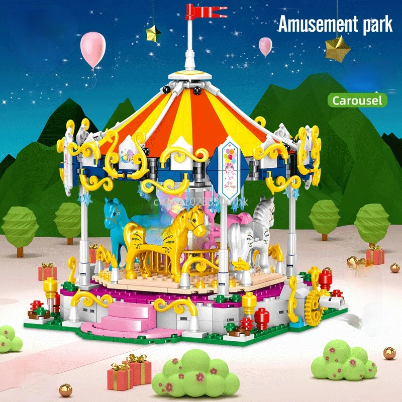 

Mini Amusement Park Building Block Toy Carousel Creative Model Puzzle Assembled Building Block Toy Girl Birthday Gift