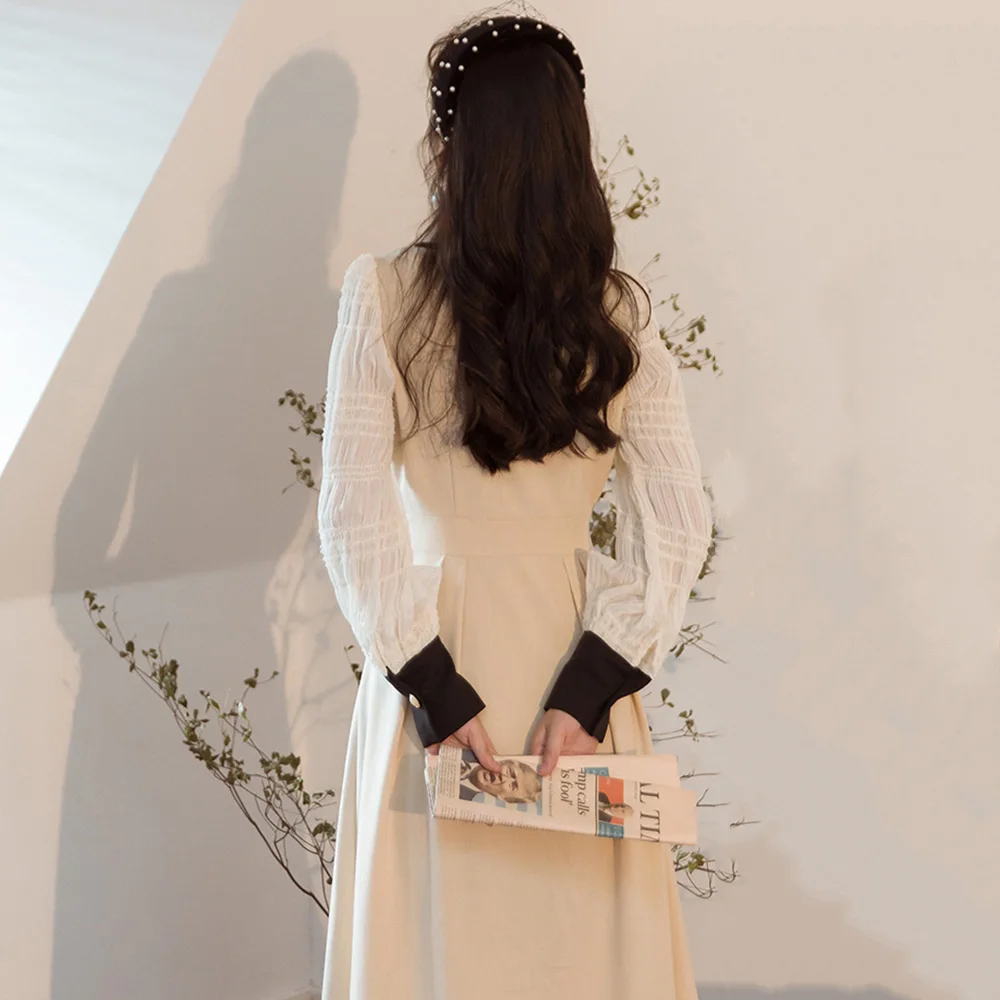 

Retro Style Ladies Dresses Spring Autumn New Fashion Temperament Elegant Simple Hot Sale Single-breasted V-neck Splicing 2021