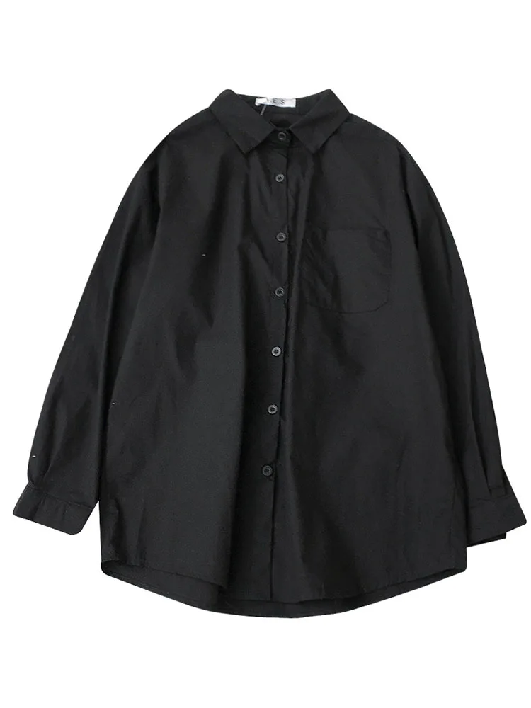 

Solid Asymmetrical Women Shirts Summer New Turn-Down Collat Long-Sleeved Pocket All Match Office Lady Outwear Tops