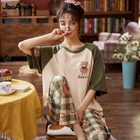 pajamas women summer korean loose pijamas 2021 new cute cartoon short sleeved trousers sleeepwear nightie two piece set