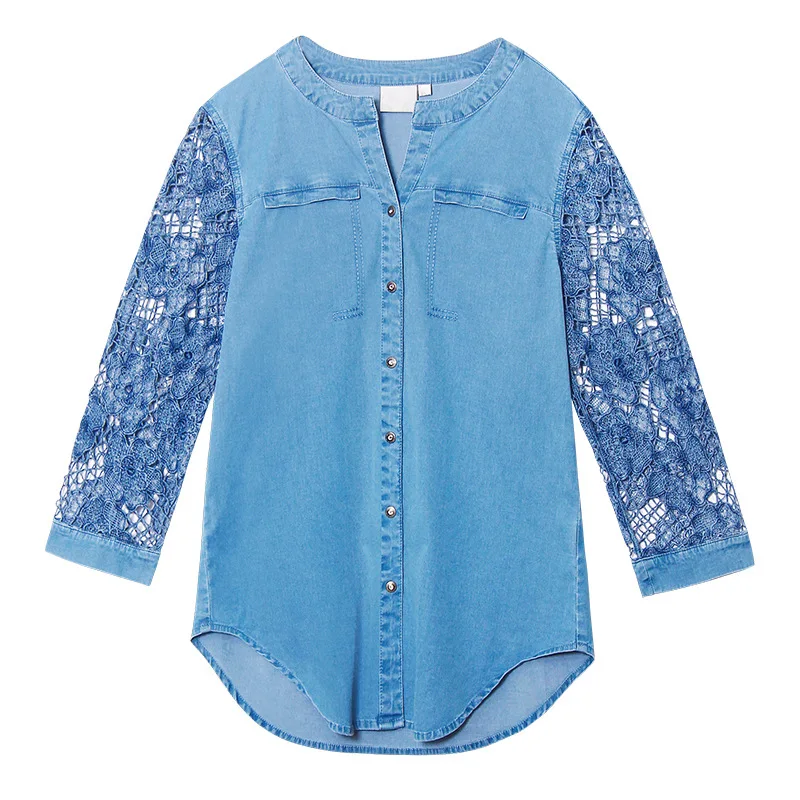 

Spring Summer o-neck shirt hollow out embroidery lace hook flower personality three quarter sleeve irregular denim shirt women