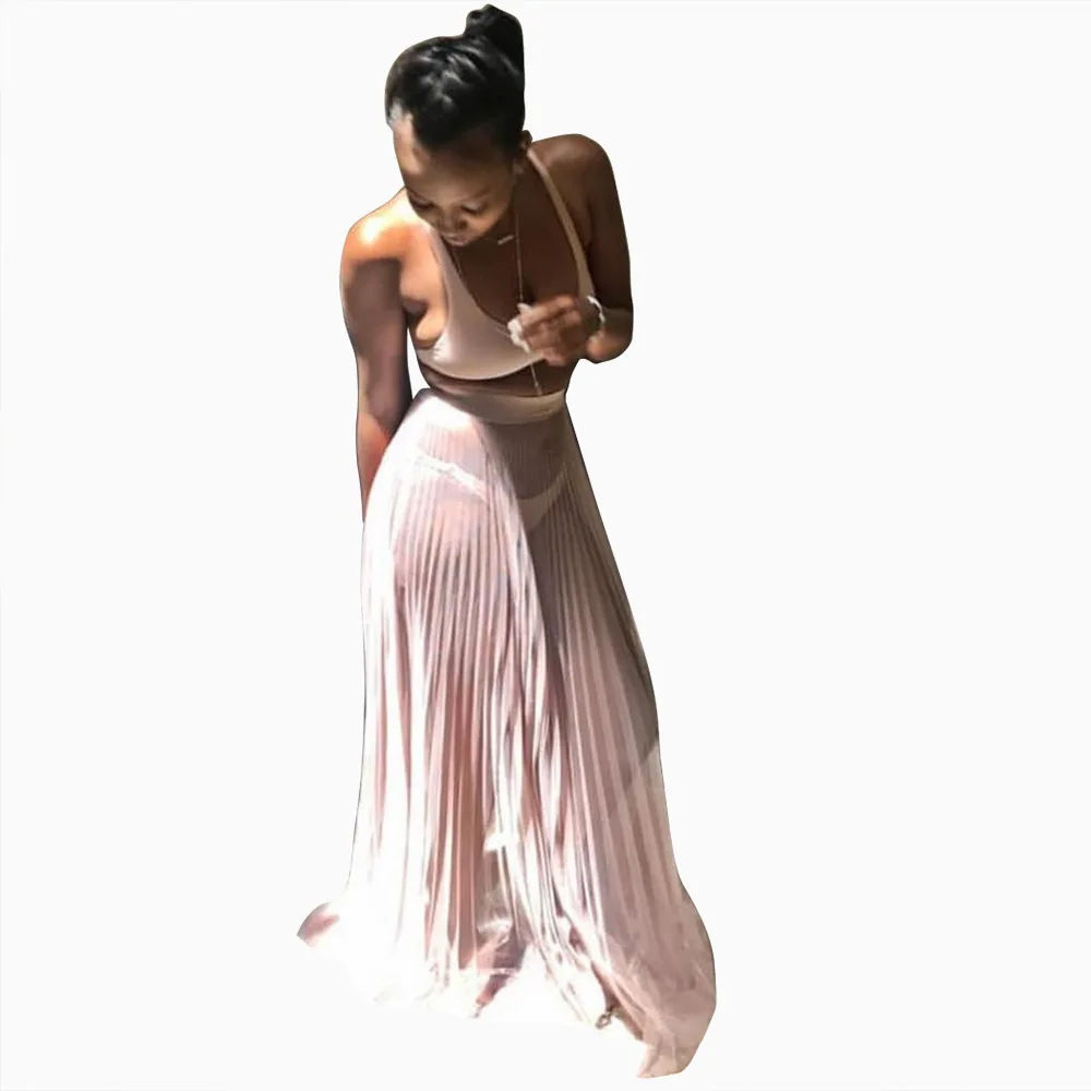 

European and American Cross-Border New Holiday Blouse Sexy Mesh Perspective Skirt Solid Color Elastic Waist Pleated Skirt