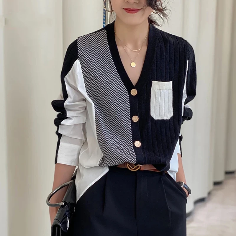 

2021Patchwork Women Cardigans Sweater Fashion Irregular Autumn Knitted Buttons Chic Korean Loose Winter Female Long Sleeve Tops