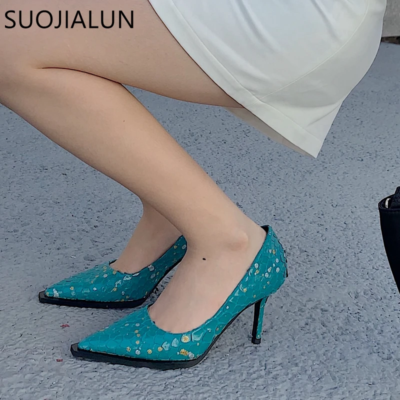 

SUOJIALUN 2022 Spring New High Heels Women Pumps Fashion Fish-scale Pattern Leather Pointed Toe Slip On Ladies Dress Party Shoes