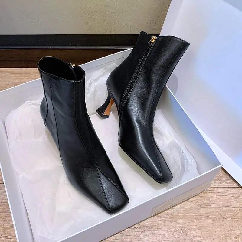 

Krazing Pot genuine leather high street fashion big size high heel square toe zipper young lady modern catwalk ankle boots L52