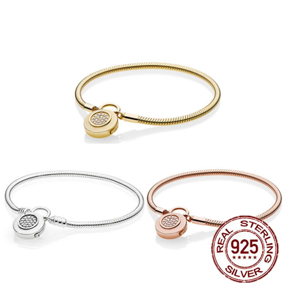 

Amas Trendy Fit Original 925 Sterling Silver Moments Braclets Rose Gold Heart Lock Snake Chain For Women DIY Charm Bracelets