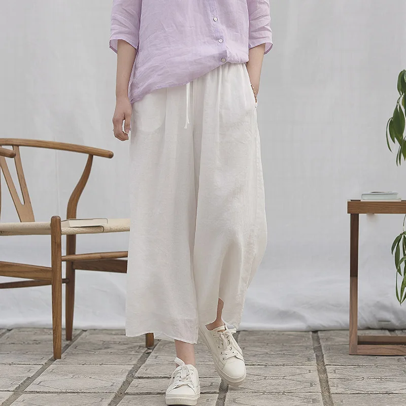 

SCUWLINEN 2021 Spring Summer Women Pants Vintage Loose Elastic Waist Double Layer Ramie All-match Wide-leg Pants S1030