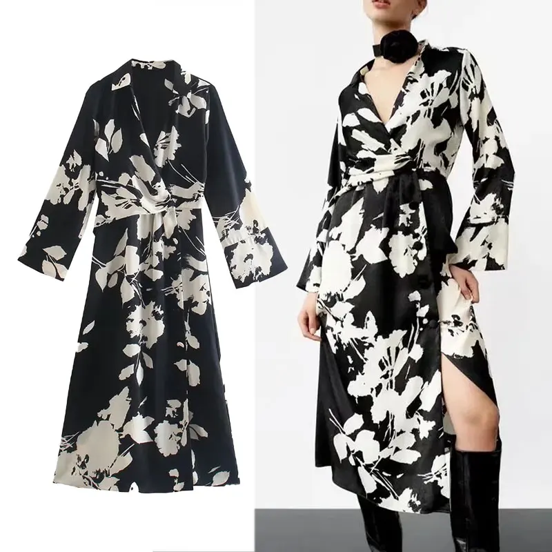 

Za Women Floral Printed Midi Dress 2021 Autumn Fashion Turn Down Collar Long Sleeve Elegant Party Dresses Woman Vestidos Robe