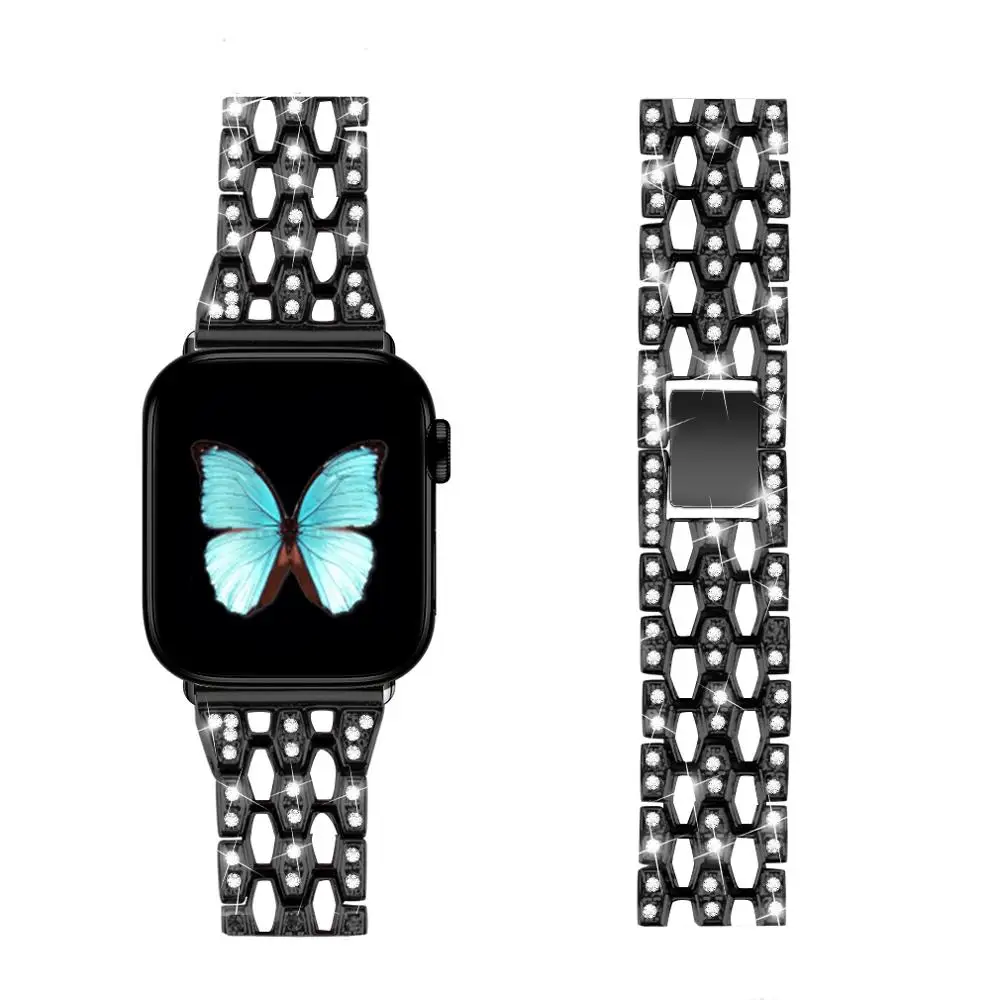 

For Apple Watch 6 5 4 3 2 1 Stainless Steel Strap Three Rows Of Diamond-Studded iWatch 44MM 42MM 40MM 38MM Bracelet Steel Band