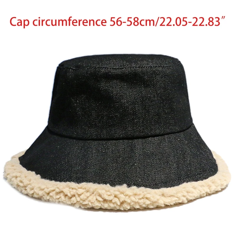 

Women Winter Warm Vintage Denim Bucket Hat Thick Faux Fleece Lined Patchwork Wide Brim Sunscreen Panama Fisherman Cap