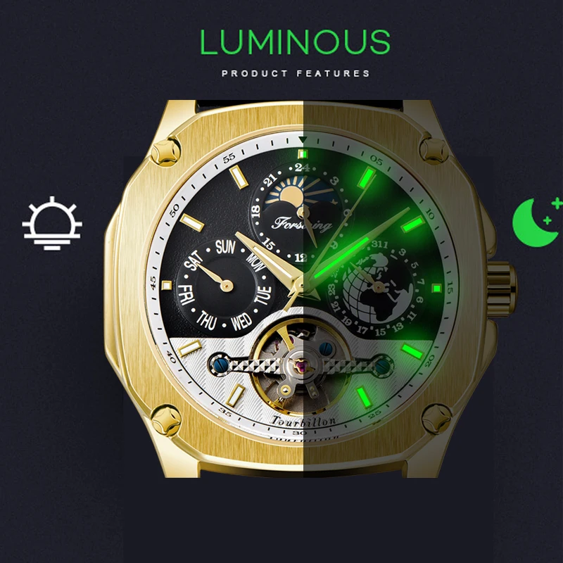 Люксовый бренд FORSINING механические Автоматические часы Авто Дата мужские Tourbillon